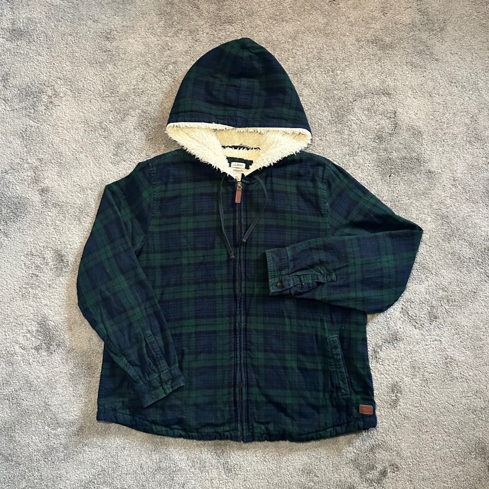 LL Bean Flannel Hoodie Women 1X Green Blue Tartan Plaid Sherpa Lined Jacket